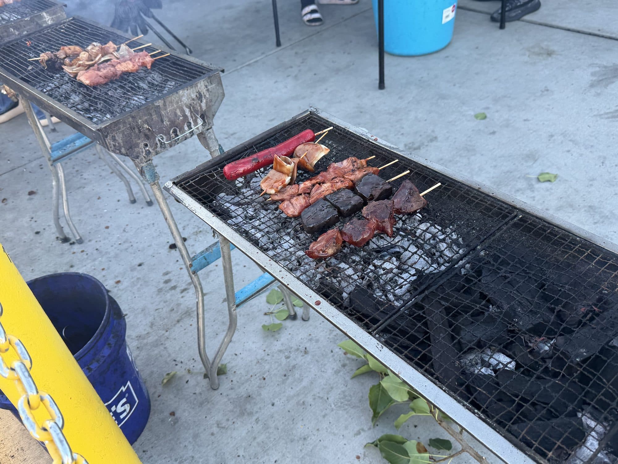 Hotdog, pork, and betamax skewers lined up on a grill