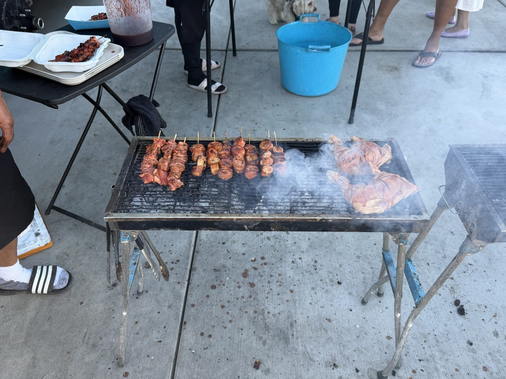 Skewers and chicken quarters over charcoal with smoke rolling off the grill
